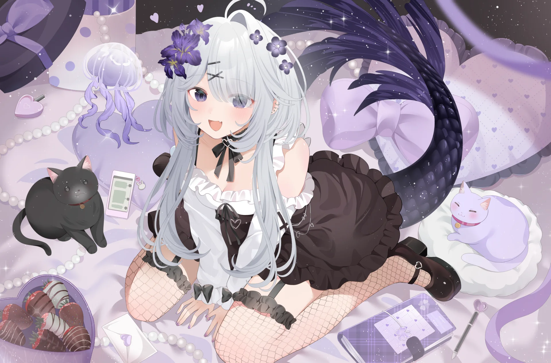 Kanako relaxing in a lavender bedroom with cats and a mermaid tail