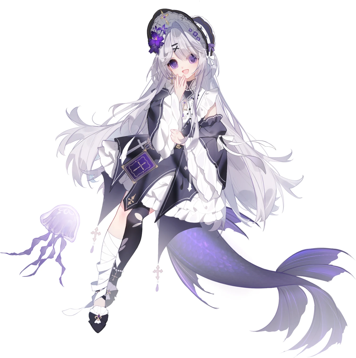 Kanako, a silver-haired gothic mermaid, floating in a violet sea